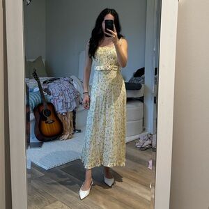 Faithful the Brand Midi Yellow Floral straight neck ruffle strap dress